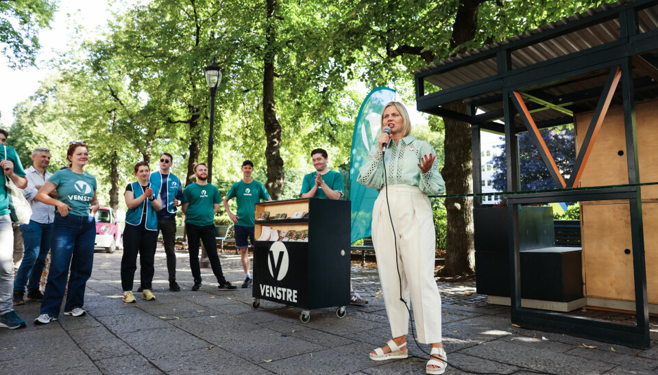 Venstre-leder Guri Melby lanserte partiets klimavalgløfte og åpnet Venstres valgbod på Karl Johan onsdag.