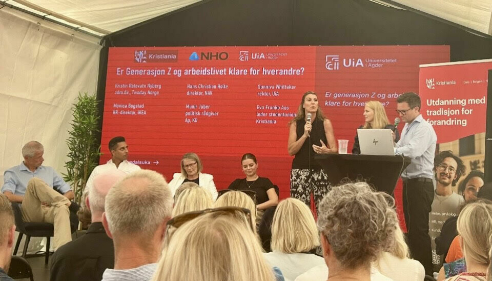 Er generasjon Z og arbeidslivet klare for hverandre? Det ble diskuterte under Arendalsuka. Fra venstre: Nav-direktør Hans Christian Holte, Munir Jaber (Ap), UiA-rektor Sunniva Whittaker, studentunionleder Eva Franko Aas, HR-direktør Monica Bogstad i Ikea og administrerende direktør Kristin Rotevatn Nyberg i Twoday Norge. Ordstyrer var Ketil Raknes, som er førsteamanuensis og instituttleder ved Høyskolen Kristiania.