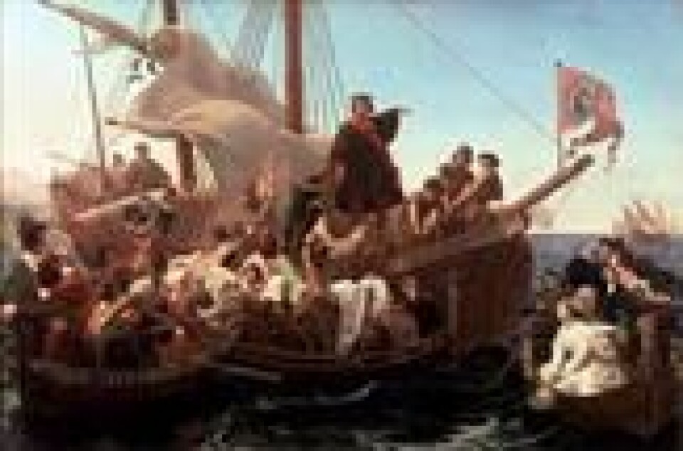 Oljemaleri av Christopher Columbus på Santa Maria. Oljemaleri av Christopher Columbus på Santa Maria. Foto: Emanuel Leutze - https://www.lanacion.com.ar/lifestyle/descubrimiento-de-america-carne-salada-cucarachas-un-bano-jaula-y-otros-pormenores-que-pocos-conocen-nid12102021/, Public Domain, https://commons.wikimedia.org/w/index.php?curid=17318667 / Wikipedia