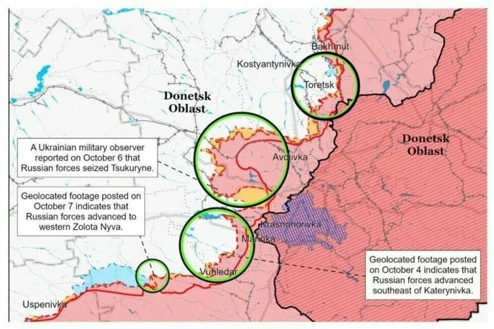 ISWs kart over frontlinjene i Donetsk i Ukraina, 7. oktober. ISWs kart over frontlinjene i Donetsk i Ukraina, 7. oktober. Foto: ISW