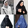 Øverst til venstre: Hijab. Håret dekkes av et skaut. Noen bruker også løstsittende plagg på resten av kroppen. Øverst til høyre: Chador. Et stort sjal som dekker hodet og kroppen. Brukes over andre klær. Nederst til venstre: Nikab. Som en chador, men ansiktet dekkes også. Nederst til høyre: Burka. Løs, lang kjole med hette som dekker øynene. Foto: Lise Åserud / Hussein Malla / AP / Shutterstock / NTB