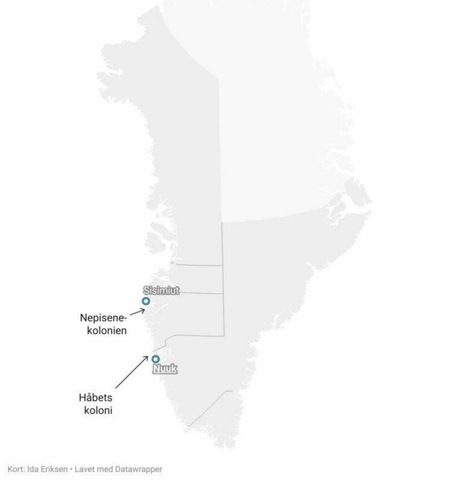 På kartet ser du hvor Håpets koloni og Nepisene-kolonien lå, i nærheten av byene Nuuk og Sesimut på Grønland. (Illustrasjon: Ida Eriksen/Videnskab.dk) På kartet ser du hvor Håpets koloni og Nepisene-kolonien lå, i nærheten av byene Nuuk og Sesimut på Grønland. (Illustrasjon: Ida Eriksen/Videnskab.dk)