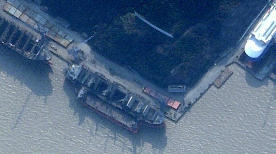 Den nordkoreansk registrerte lastebåten Angara er sett forankret sammen med et større fartøy ved Zhoushan Xinya skipsverft i Zhoushan, Kina, den 11. februar 2024.
