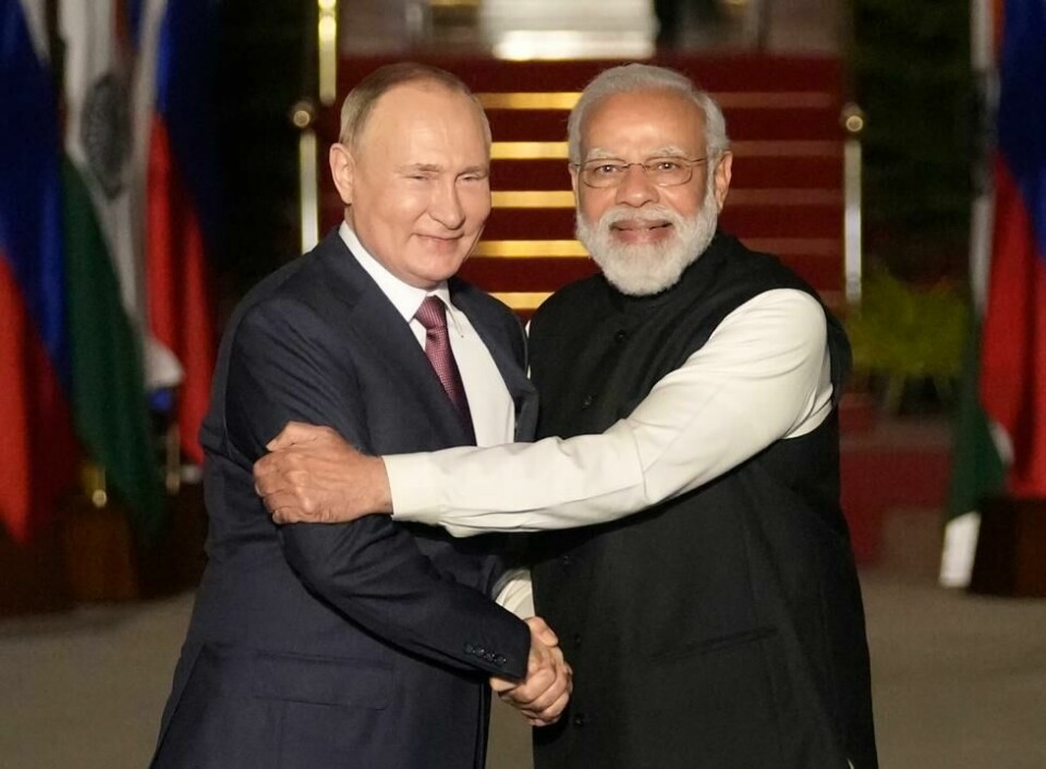 Verdens nest mest folkerike land India har ikke ville fordømme Russlands invasjon av Ukraina og slutter heller ikke opp om sanksjonene mot landet. I desember besøkte president Vladimir Putin New Delhi der han ble tatt imot av statsminister Narendra Modi. Verdens nest mest folkerike land India har ikke ville fordømme Russlands invasjon av Ukraina og slutter heller ikke opp om sanksjonene mot landet. I desember besøkte president Vladimir Putin New Delhi der han ble tatt imot av statsminister Narendra Modi. Foto: Manish Swarup / AP