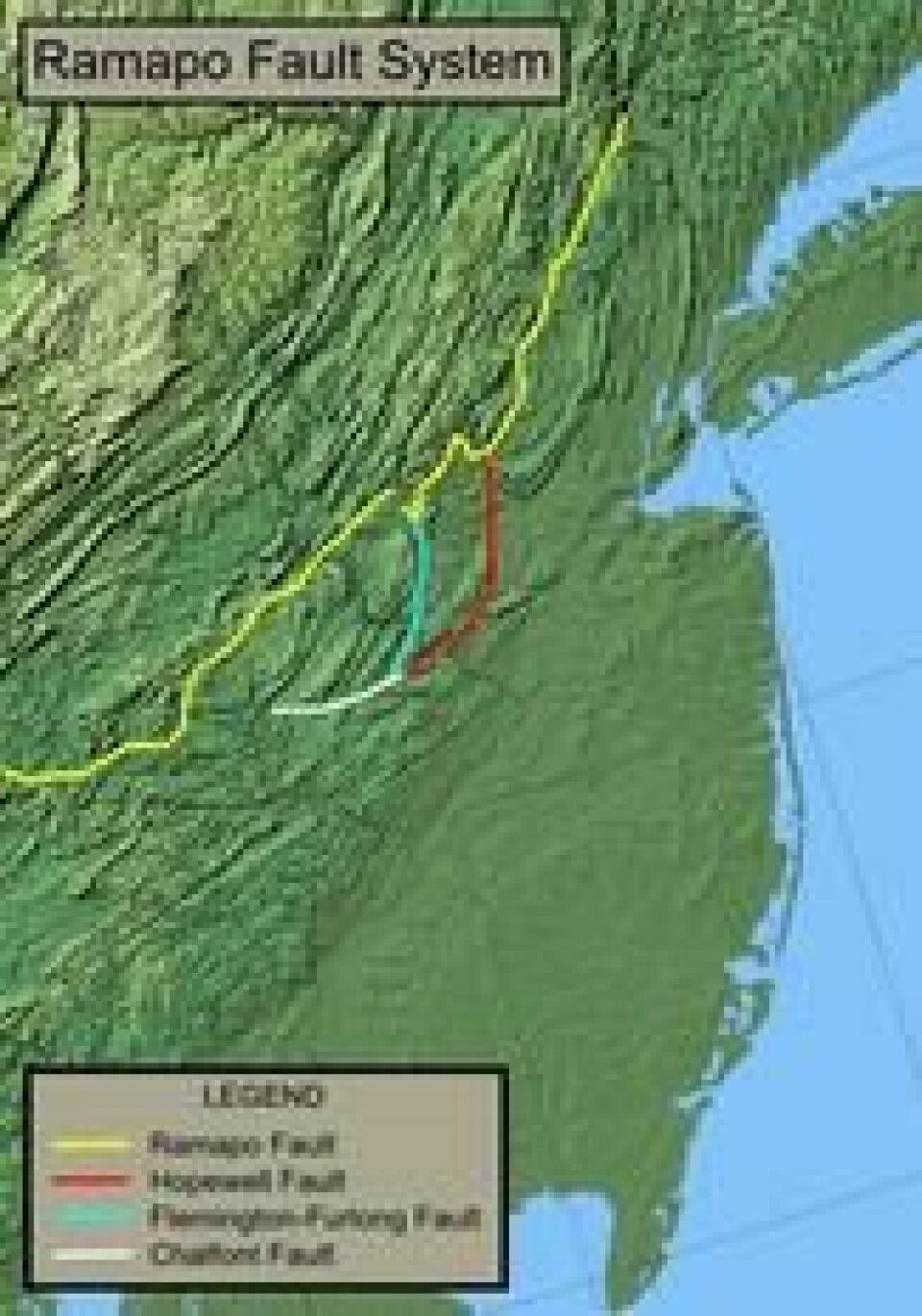Den gule langstrakte linjen viser Ramapo fault og det omfattende systemet rundt. Den gule langstrakte linjen viser Ramapo fault og det omfattende systemet rundt. Foto: National Atlas of the United States