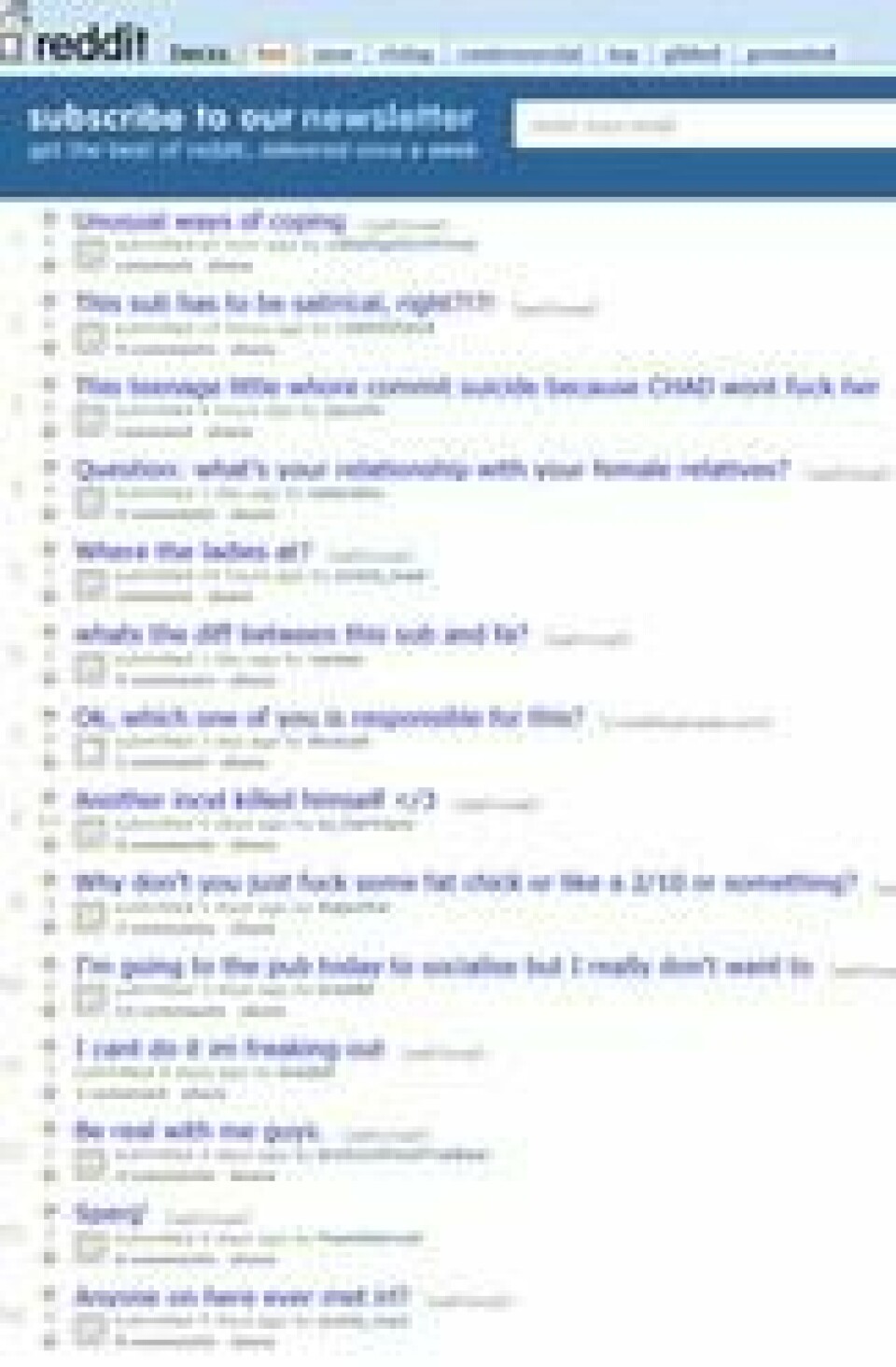 Skjermbilde fra det nå nedlagte Reddit-forumet. r/incel. Skjermbilde fra det nå nedlagte Reddit-forumet. r/incel.