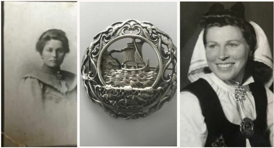 Til venstre: Fotografi av Marie Ramsvik som i 1933 sydde bunaden til sin dotter Kirsten. Midten: Søljen som ble laget til bunaden i 1933, har gått videre i arv til andre deler av slekten. Til høyre: Kirsten Ramsvik (senere gift Søvik) brukte sin hjemmesydde bunad til konfirmasjonen sin i 1933. Til venstre: Fotografi av Marie Ramsvik som i 1933 sydde bunaden til sin dotter Kirsten. Midten: Søljen som ble laget til bunaden i 1933, har gått videre i arv til andre deler av slekten. Til høyre: Kirsten Ramsvik (senere gift Søvik) brukte sin hjemmesydde bunad til konfirmasjonen sin i 1933.