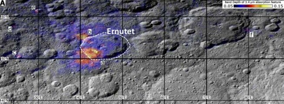 De organiske forbindelsene er særlig funnet i et stort område i og omkring Ernutet-krateret. Varmere farger = høyere konsentrasjon av organiske forbindelser. Foto: NASA/JPL-Caltech/UCLA/ASI/INAF/MPS/DLR/IDA De organiske forbindelsene er særlig funnet i et stort område i og omkring Ernutet-krateret. Varmere farger = høyere konsentrasjon av organiske forbindelser. Foto: NASA/JPL-Caltech/UCLA/ASI/INAF/MPS/DLR/IDA