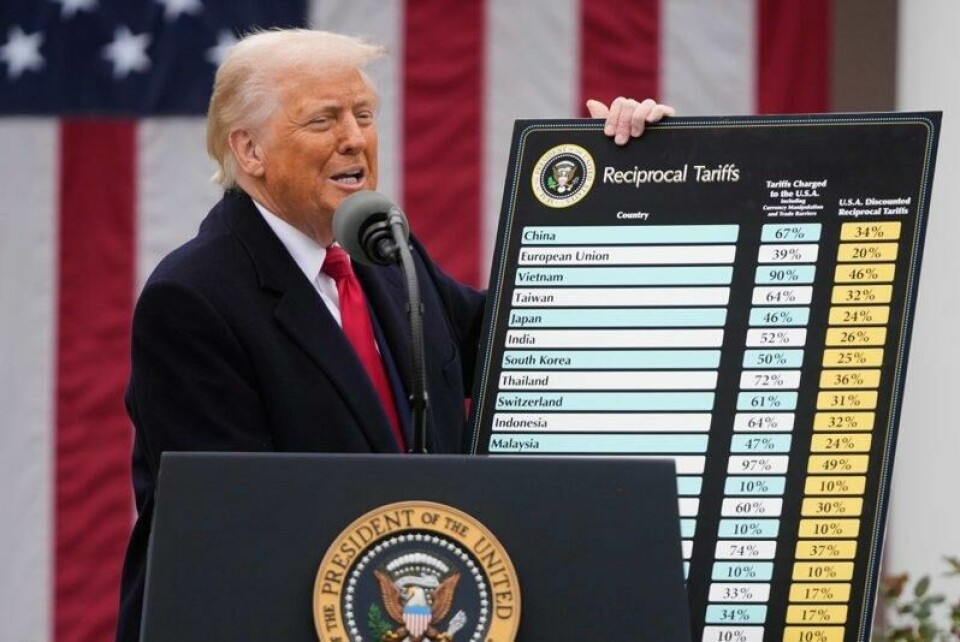 President Donald Trump med en plansje som viser tollen USA ilegger varer fra ulike land.