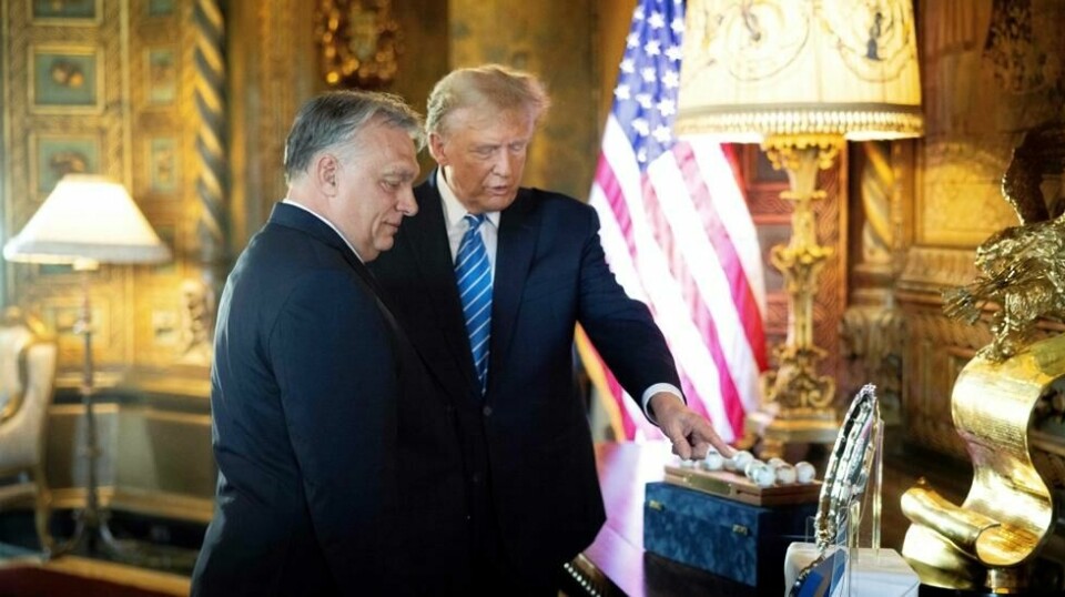 Dette utdelingsfotografiet tatt og publisert 8. mars 2024 av den ungarske statsministerens pressekontor, viser Ungarns statsminister Viktor Orban og USAs tidligere president og republikanske presidentkandidat, Donald Trump, under møtet deres på Trumps Mar-a -Lago-bolig i Palm Beach, Florida.