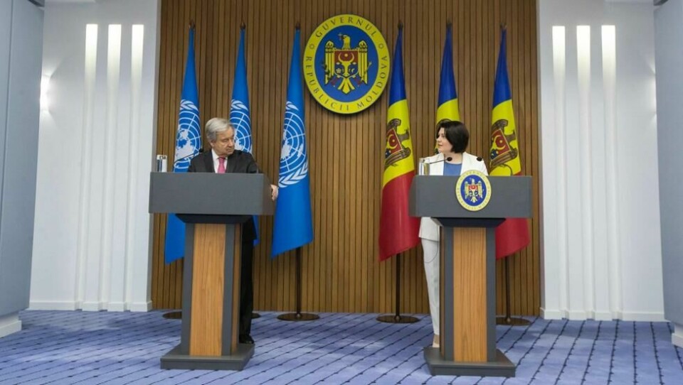 Guterres møtte Moldovas statsminister da han besøkte landet mandag.(Photo by Bogdan TUDOR / AFP) Guterres møtte Moldovas statsminister da han besøkte landet mandag.(Photo by Bogdan TUDOR / AFP) Foto: Bogdan Tudor / AFP/NTB