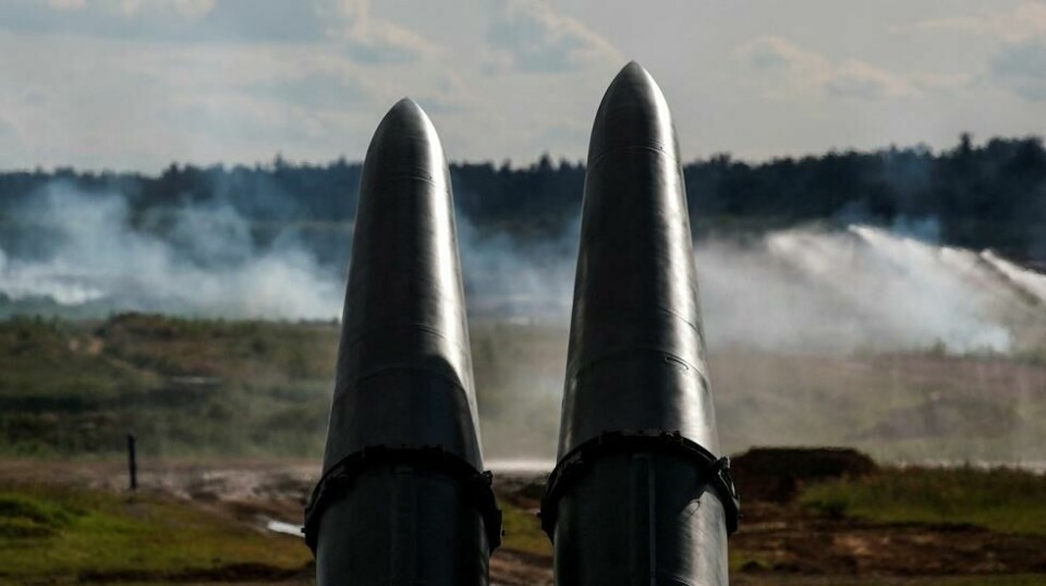 9M723-missiler, en del av Iskander-M-missilkomplekset, vises under en demonstrasjon på det internasjonale militærtekniske forumet ARMY-2019 på Alabino-området i Moskva-regionen i 2019. Foto: REUTERS/Maxim Shemetov/File Photo