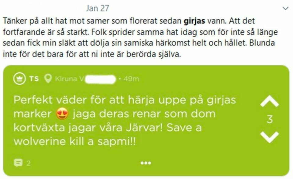 På appen Jodel har det kommet en rekke hatmeldinger etter at Girjas sameby vant rettssaken mot staten, og disse har også blitt kommentert slik på mikrobloggen Twitter. På appen Jodel har det kommet en rekke hatmeldinger etter at Girjas sameby vant rettssaken mot staten, og disse har også blitt kommentert slik på mikrobloggen Twitter. Foto: twitter.com/ ABC Nyheter