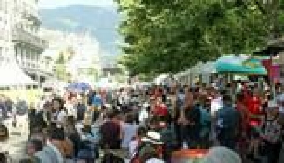 FESTIVALSTEMNING: Trangt om saligheten på strandpromenaden når Vevey setter vin og mat på dagsorden. FESTIVALSTEMNING: Trangt om saligheten på strandpromenaden når Vevey setter vin og mat på dagsorden. Foto: Thomas Vermes / ABC Nyheter