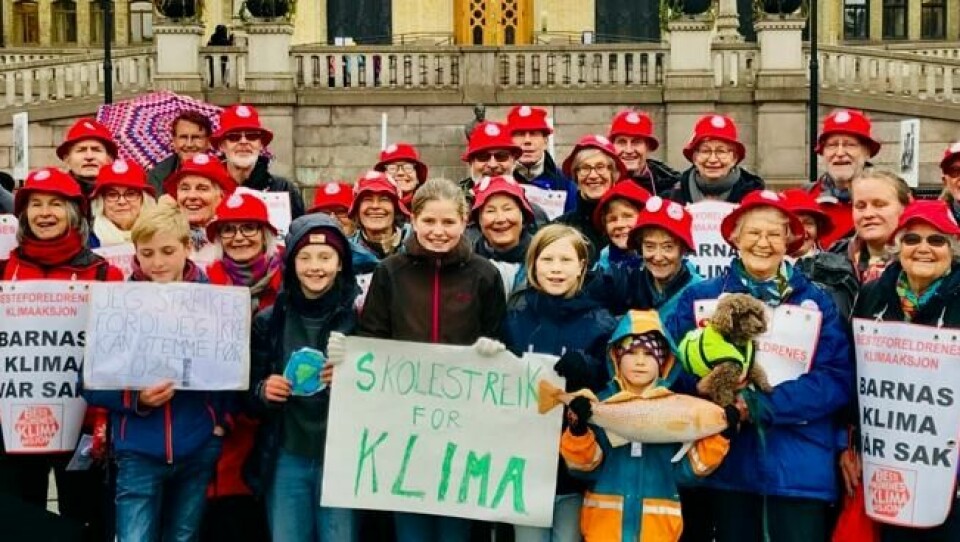 Bente Bakke i front med klimahunden Bruno, aksjonerer foran Stortinget med Besteforeldrenes klimaaksjon og skolestreikere for klima. Bente Bakke i front med klimahunden Bruno, aksjonerer foran Stortinget med Besteforeldrenes klimaaksjon og skolestreikere for klima. Foto: Privat