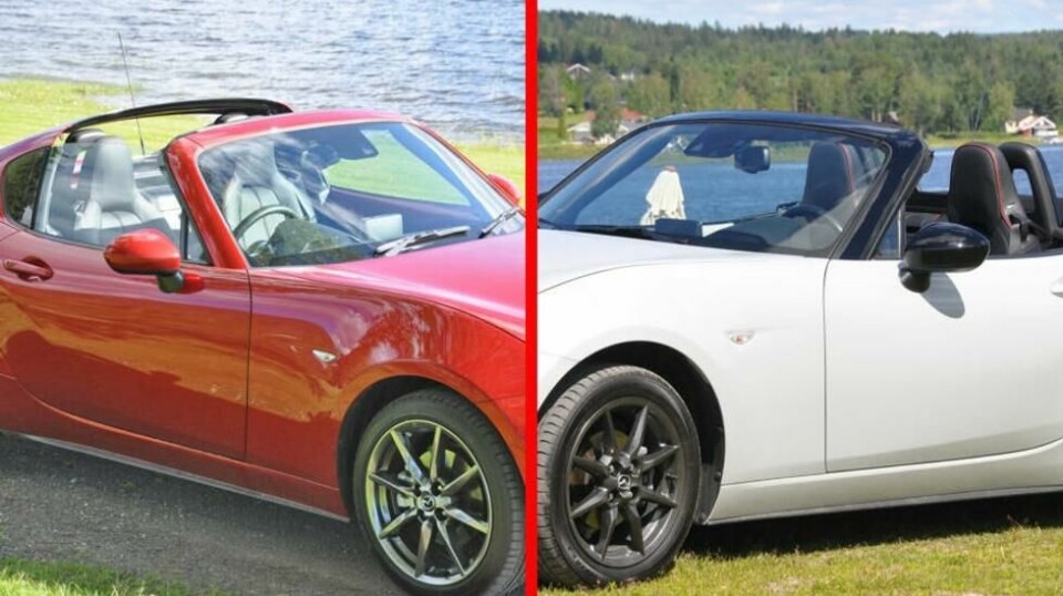 Med hard top eller soft top – Mazda MX-5 er rasende morsom bil for pengene uansett. Akkurat nå er det hard topen (t.v.) som selger best her hjemme.