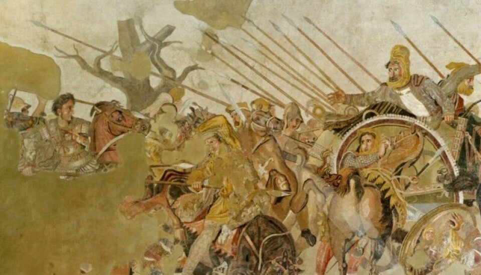 Utdrag av den berømte Aleksander-mosaikken fra Pompeii. Aleksander den store ser du til venstre i bildet (Foto: Berthold Werner, Naples National Archaeological Museum)