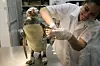 Veterinær behandler en stående pingvin på et metallbord ved Niteroi Zoo.