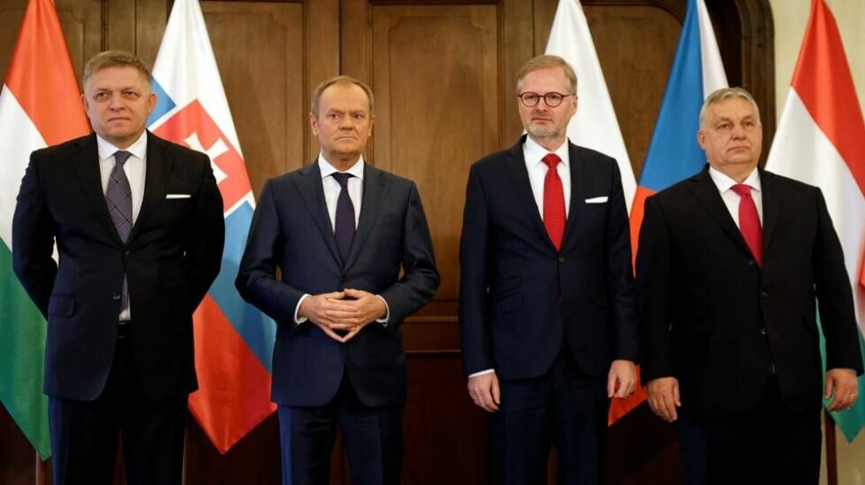 De fire sentraleuropeiske statsministrene har totalt forskjellige syn på krigen i Ukraina, fra venstre, Slovakias statsminister Robert Fico, Polens statsminister Donald Tusk, Tsjekkias statsminister Petr Fiala og Ungarns statsminister Viktor Orban.