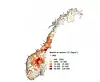 Norgeskart med fargekodede soner som viser nivåer av cesium-137-nedfall i 1986.