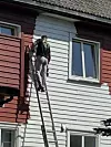 Person på stige maler yttervegg på trehus fra rød til hvit