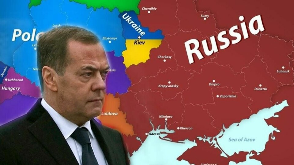 Nestleder for Russlands nasjonale sikkerhetsråd Dmitrij Medvedev presenterte på ny fiktive kart om hvordan han ser for seg «nye Ukraina» etter krigen er over.