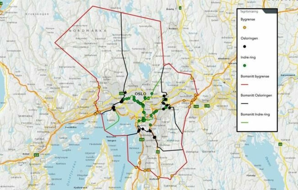 Kartet viser hvor bomringen og bomstasjonene i Oslo skal være fra 1. juni 2019. Kartet viser hvor bomringen og bomstasjonene i Oslo skal være fra 1. juni 2019. Foto: Statens Vegvesen