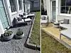 To bilder som viser en gruslagt hagekrok før og en platting med utemøbler etter oppussing. Hagekroken utenfor leiligheten er forvandlet fra grusplass til enkel platting med utemøbler – et typisk gjør-det-selv-prosjekt før sommersesongen.