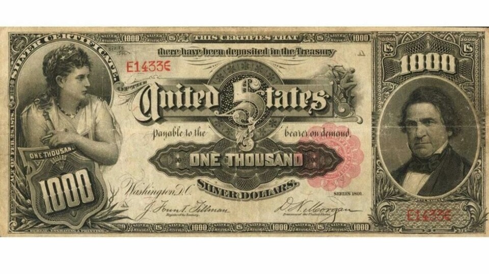 Denne tusendollarseddelen fra 1891 kan sette prisrekord når den for første gang selges på auksjon på det åpne markedet. Foto: Auksjonshuset Stack's Bowers.
