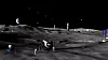 Astronauter og romfartøy på en futuristisk base på månens overflate.