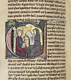Illuminert middelaldermanuskript med dekorert bokstav og to sittende figurer.