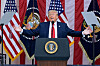 Donald Trump står ved en talerstol foran amerikanske flagg under en seremoni.