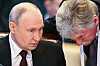Vladimir Putin sitter ved siden av Dmitrij Peskov, som lener hodet ned under et toppmøte.