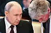Vladimir Putin sitter ved siden av Dmitrij Peskov, som lener hodet ned under et toppmøte.