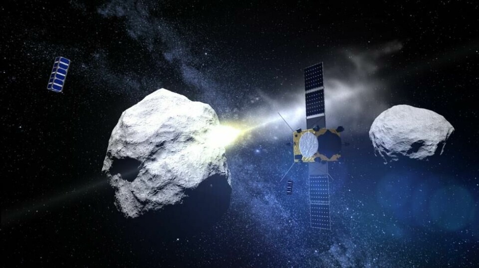 En illustrasjon frigitt av ESA viser asteroidesystemet Didymos og Dimorphos som blir truffet av Nasas DART. Dette skal etter planen finne sted 22. september neste år.