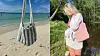 To heklede vesker vises, en stripete nettveske på stranden og en rosa skulderveske utendørs.