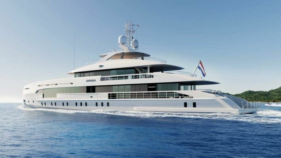I hybridmodus skal Orion kunne holde ni knops fart og bruke under 50 liter diesel i timen. f I hybridmodus skal Orion kunne holde ni knops fart og bruke under 50 liter diesel i timen. f Foto: Heesen Yachts
