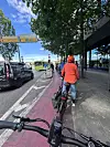 Syklister og fotgjengere langs et sykkelfelt ved en gate med trær, varebil og bygninger.