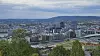Panoramautsikt over storby med elv, broer og bygg, sett fra et grønt utsiktspunkt.
