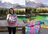 Bildet viser en fargerik Lana genser i Fnugg in Florence, fotografert i fjellandskap med grønt vann og skog i bakgrunnen. Genseren har sterke toner i turkis, rosa, gult og fuksia, og viser hvordan fargevalget kan gi den retroinspirerte oppskriften et friskt og sporty uttrykk.