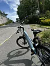 Elektrisk sykkel parkert ved en stille vei med trær og grønt landskap i sollys.