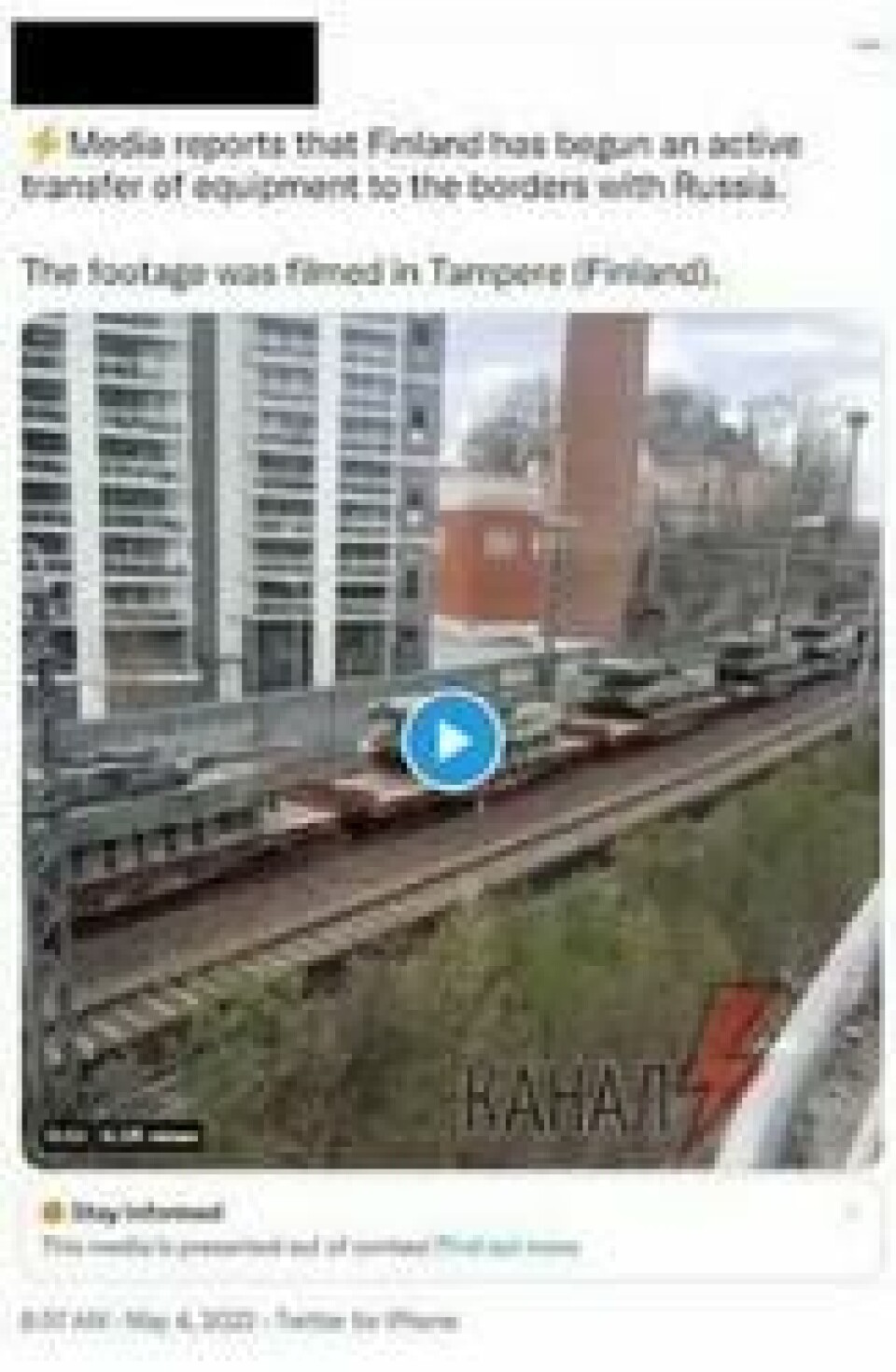 En video av finske panservogner som kjører gjennom byen Tampere blir brukt til å spre falsk informasjon på nett. En video av finske panservogner som kjører gjennom byen Tampere blir brukt til å spre falsk informasjon på nett. Foto: Skjermdump Twitter