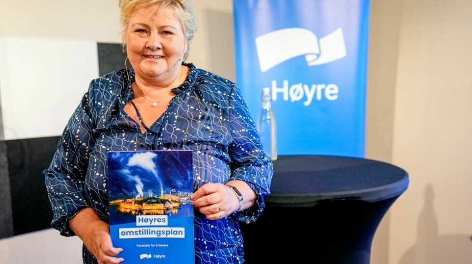 Høyre-leder Erna Solberg lanserte partiets omstillingsplan på Arendalsuka. Foto: Heiko Junge / NTB