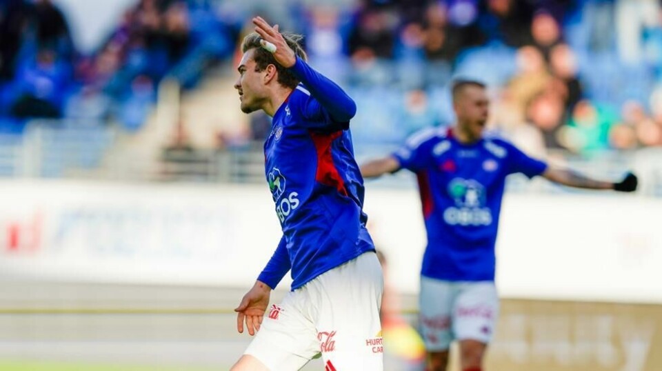 Vålerengas Daniel Håkans scoret mot Raufoss i 1. divisjon. Foto: Terje Bendiksby / NTB