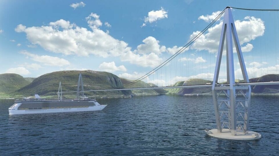 Slik ser Statens vegvesen for seg at en fjordkryssing over Sognefjorden kan se ut. Etaten mener delprosjektet bør realiseres sist av de syv delprosjektene for fergefri E39. Arbeiderpartiet åpner for at delprosjektet ikke blir realisert.
