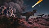 Dinosaur på steinete grunn ser mot en brennende asteroide på nattehimmelen.