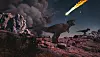 Dinosaur på steinete grunn ser mot en brennende asteroide på nattehimmelen.