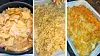 Tre bilder av en ovnsform med chips, pasta og gratinert ost i ulike stadier.