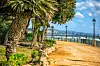 Palmepromenade med hage og utsikt mot sjøen i Marbella, Spania.