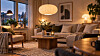 Lun stue med sofa, lenestol, stort teppe, gardiner, planter og flere lyskilder.